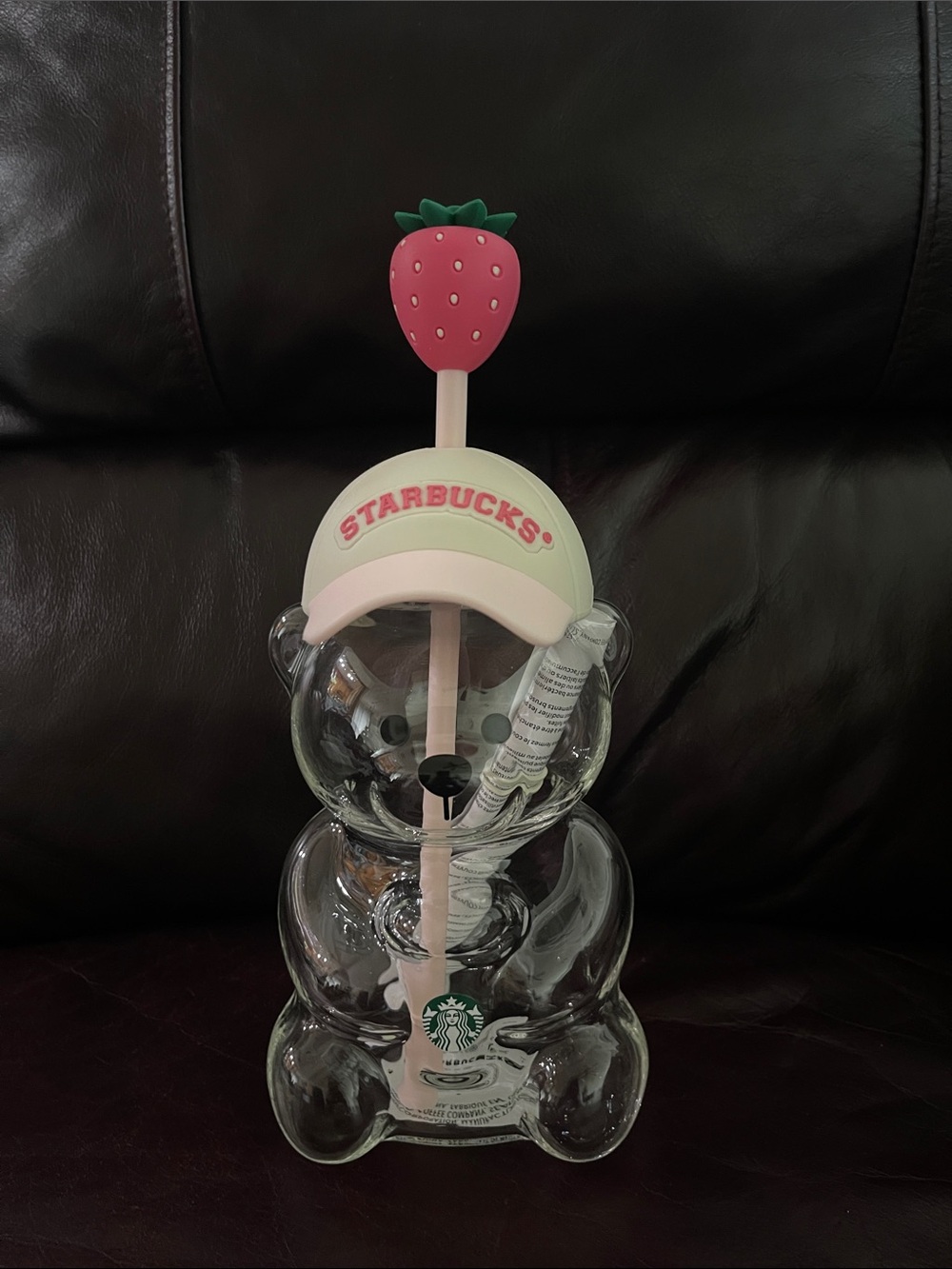 Starbucks Clear Bear Tumbler with Pink Strawberry Straw and White Cap